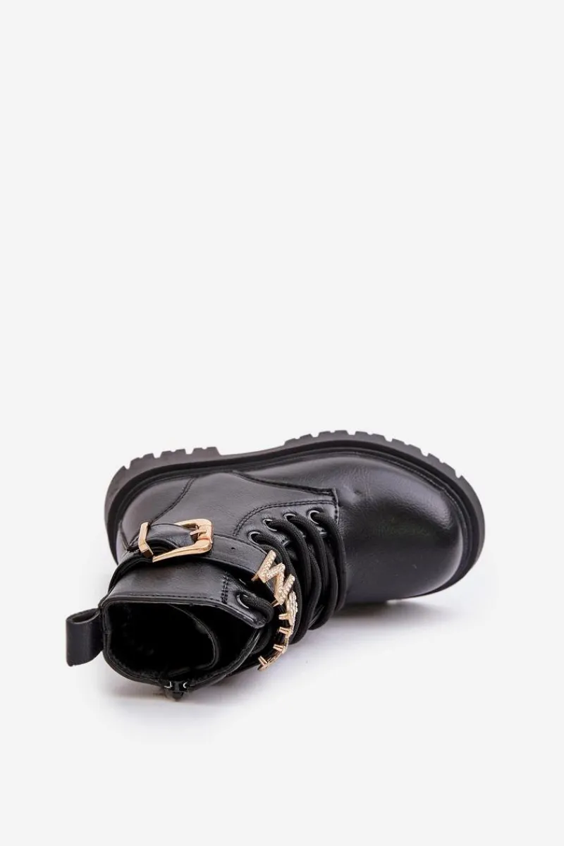 New Botki Dziewczęce Eko Skórzane Ocieplane Z Ozdobnym Paskiem Czarne Gilian Dzieci Dziewczęce