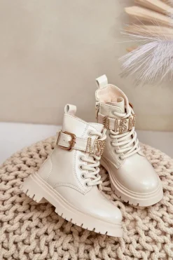 Dziewczęce>Boto Botki Dziewczęce Lakierowane Ocieplane Z Ozdobnym Paskiem Beżowe Gilian