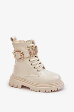 Dziewczęce></noscript>Boto Botki Dziewczęce Lakierowane Ocieplane Z Ozdobnym Paskiem Beżowe Gilian