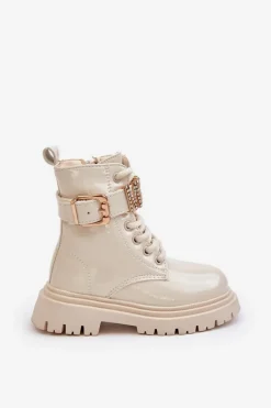 Dziewczęce></noscript>Boto Botki Dziewczęce Lakierowane Ocieplane Z Ozdobnym Paskiem Beżowe Gilian