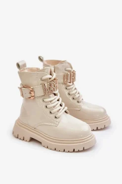Dziewczęce></noscript>Boto Botki Dziewczęce Lakierowane Ocieplane Z Ozdobnym Paskiem Beżowe Gilian