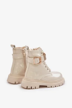 Dziewczęce></noscript>Boto Botki Dziewczęce Lakierowane Ocieplane Z Ozdobnym Paskiem Beżowe Gilian