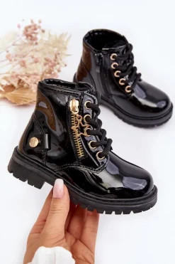 New Evento Botki Dziewczęce Lakierowane Na Suwak Ocieplane Czarne Felori Czarny