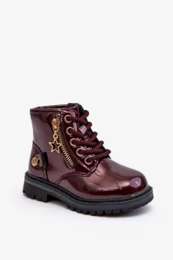 Dziewczęce>Evento Botki Dziewczęce Lakierowane Na Suwak Ocieplane Bordowe Felori