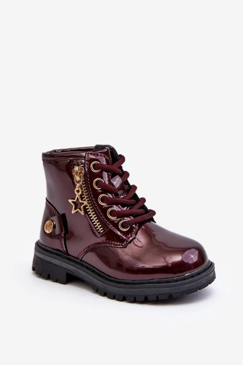 Dziewczęce>Evento Botki Dziewczęce Lakierowane Na Suwak Ocieplane Bordowe Felori