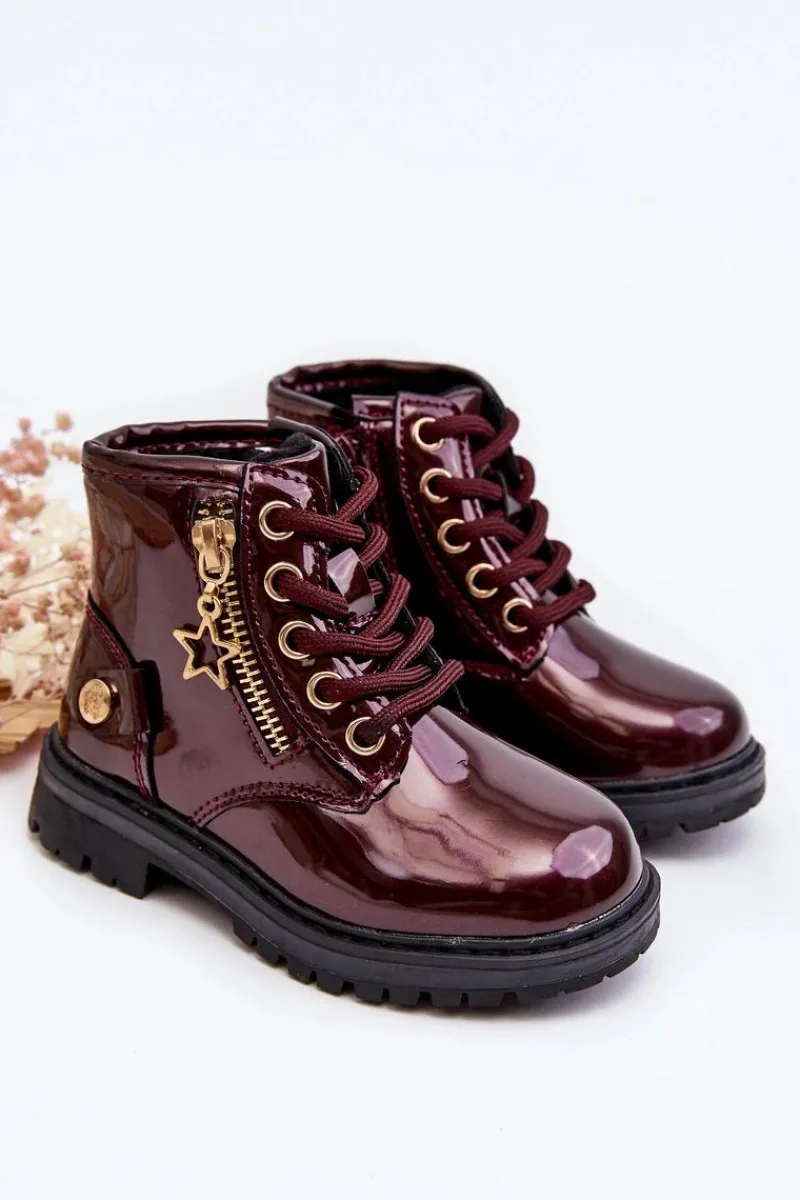 Dziewczęce>Evento Botki Dziewczęce Lakierowane Na Suwak Ocieplane Bordowe Felori