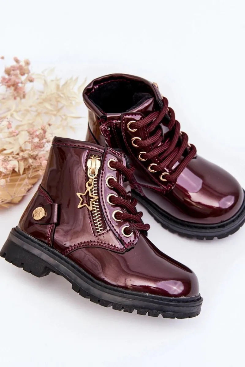 Dziewczęce>Evento Botki Dziewczęce Lakierowane Na Suwak Ocieplane Bordowe Felori