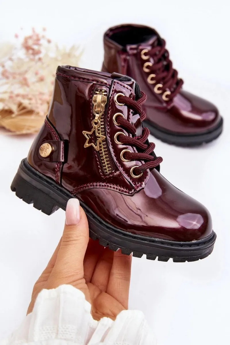 Dziewczęce>Evento Botki Dziewczęce Lakierowane Na Suwak Ocieplane Bordowe Felori