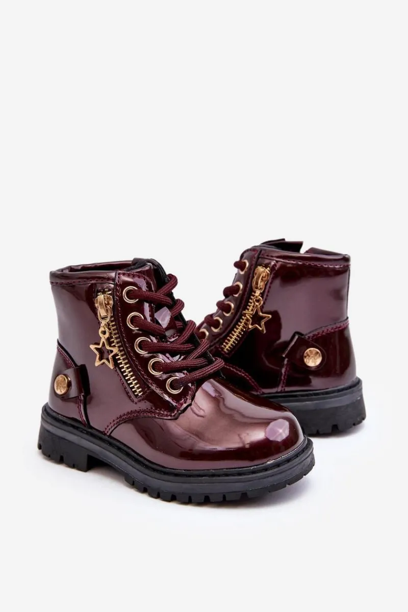 Dziewczęce>Evento Botki Dziewczęce Lakierowane Na Suwak Ocieplane Bordowe Felori