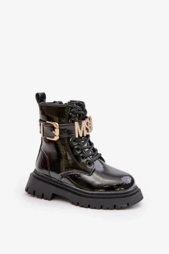 Dziewczęce></noscript>Boto Botki Dziewczęce Lakierowane Ocieplane Z Ozdobnym Paskiem Czarne Gilian