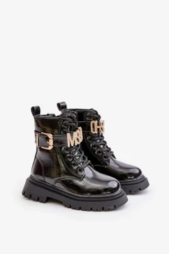 Dziewczęce></noscript>Boto Botki Dziewczęce Lakierowane Ocieplane Z Ozdobnym Paskiem Czarne Gilian