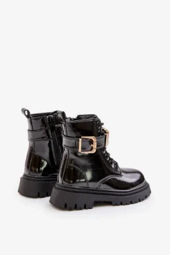 Dziewczęce></noscript>Boto Botki Dziewczęce Lakierowane Ocieplane Z Ozdobnym Paskiem Czarne Gilian