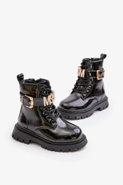 Dziewczęce></noscript>Boto Botki Dziewczęce Lakierowane Ocieplane Z Ozdobnym Paskiem Czarne Gilian