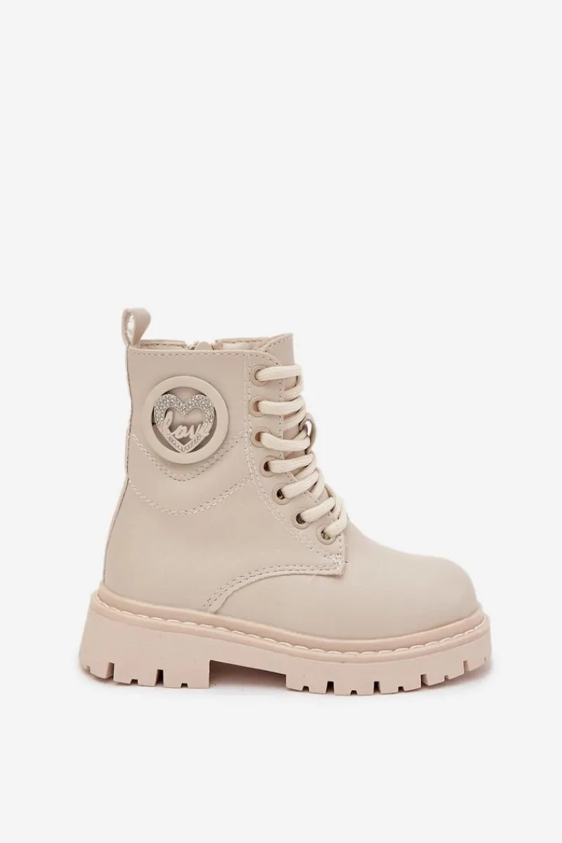 Hot Botki Dziewczęce Ocieplane Futerkiem Z Ozdobą LOVE Beżowe Rosaira Dzieci Dziewczęce