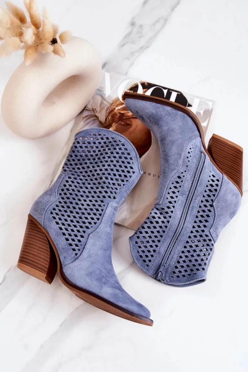 Online Botki Kowbojki Ażurowe Na Słupku Niebieskie Caroline Damskie Kozaki Zamszowe|Botki Wiosenne
