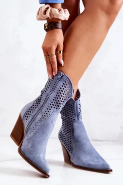 Online Botki Kowbojki Ażurowe Na Słupku Niebieskie Caroline Damskie Kozaki Zamszowe|Botki Wiosenne