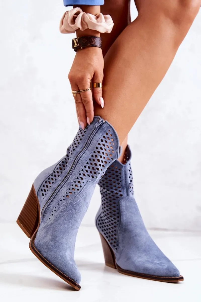 Online Botki Kowbojki Ażurowe Na Słupku Niebieskie Caroline Damskie Kozaki Zamszowe|Botki Wiosenne