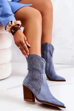 Online Botki Kowbojki Ażurowe Na Słupku Niebieskie Caroline Damskie Kozaki Zamszowe|Botki Wiosenne
