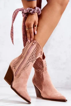 Online Boto Botki Kowbojki Ażurowe Na Słupku Różowe Caroline