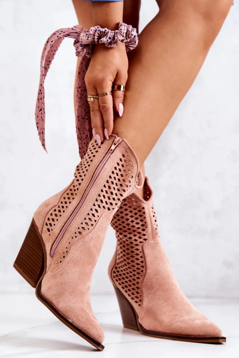 Online Boto Botki Kowbojki Ażurowe Na Słupku Różowe Caroline