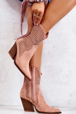 Online Boto Botki Kowbojki Ażurowe Na Słupku Różowe Caroline