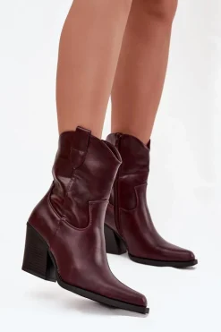 Clearance Boto Botki Kowbojki Damskie Eko Skórzane Na Słupku Bordowe Morelia Czerwony