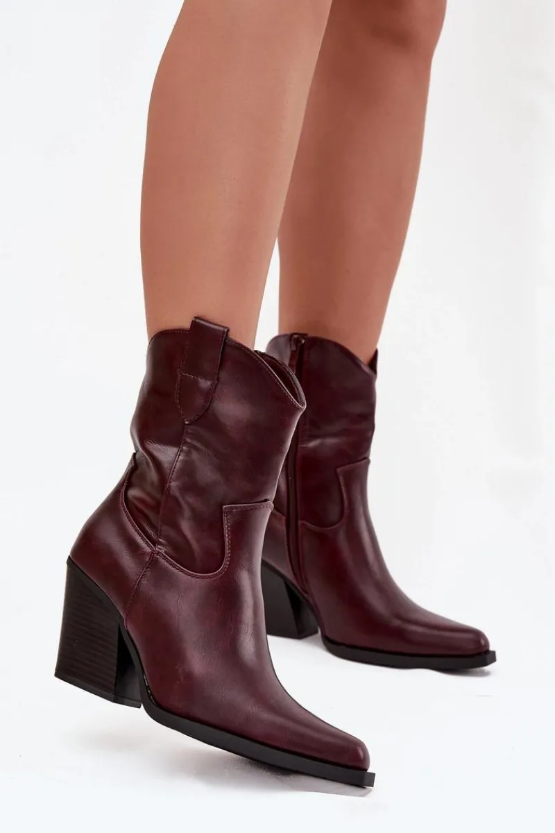 Clearance Boto Botki Kowbojki Damskie Eko Skórzane Na Słupku Bordowe Morelia Czerwony