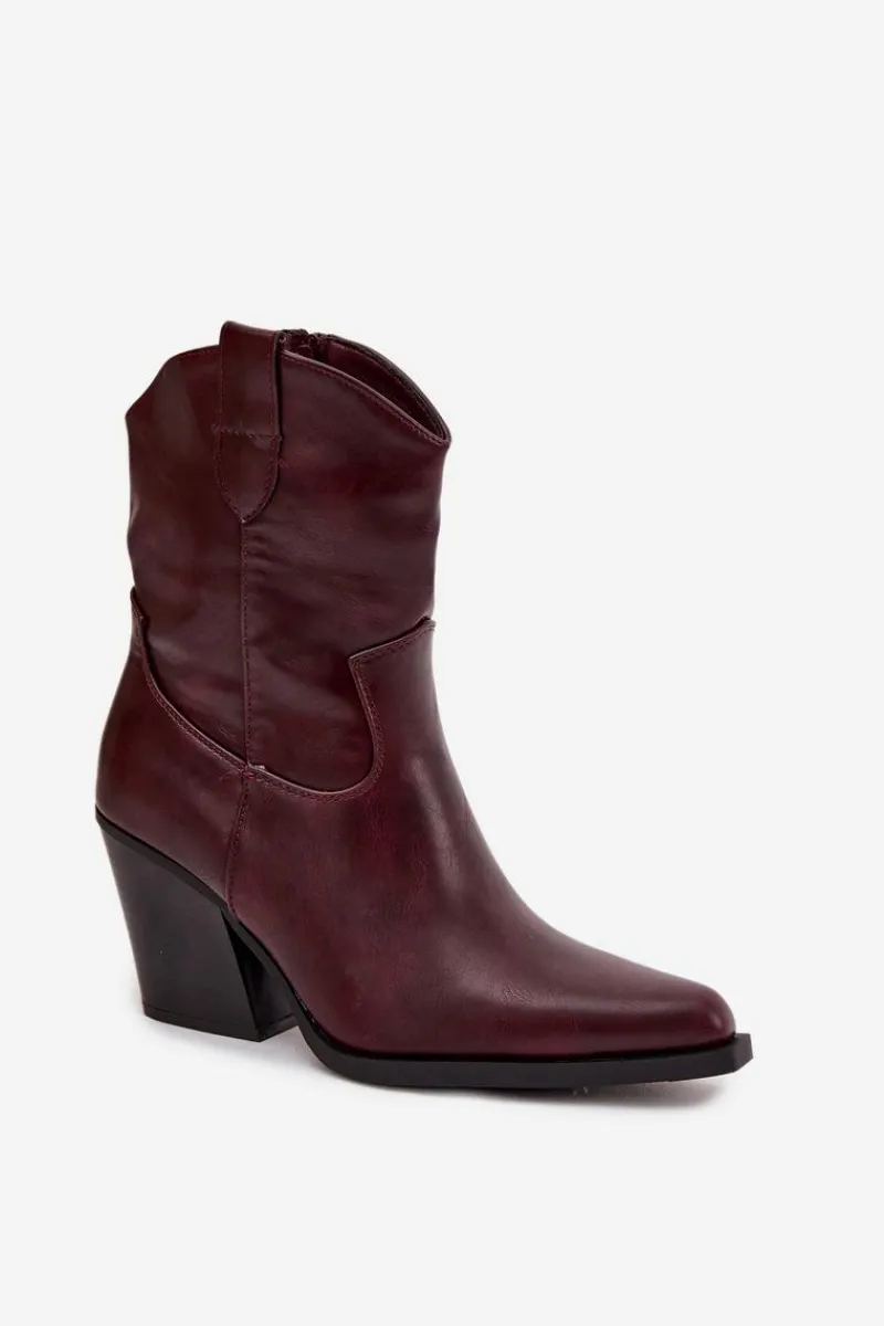 Clearance Boto Botki Kowbojki Damskie Eko Skórzane Na Słupku Bordowe Morelia Czerwony