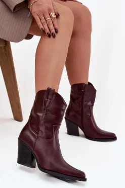 Clearance Boto Botki Kowbojki Damskie Eko Skórzane Na Słupku Bordowe Morelia Czerwony