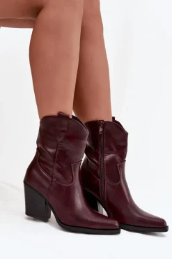 Clearance Boto Botki Kowbojki Damskie Eko Skórzane Na Słupku Bordowe Morelia Czerwony