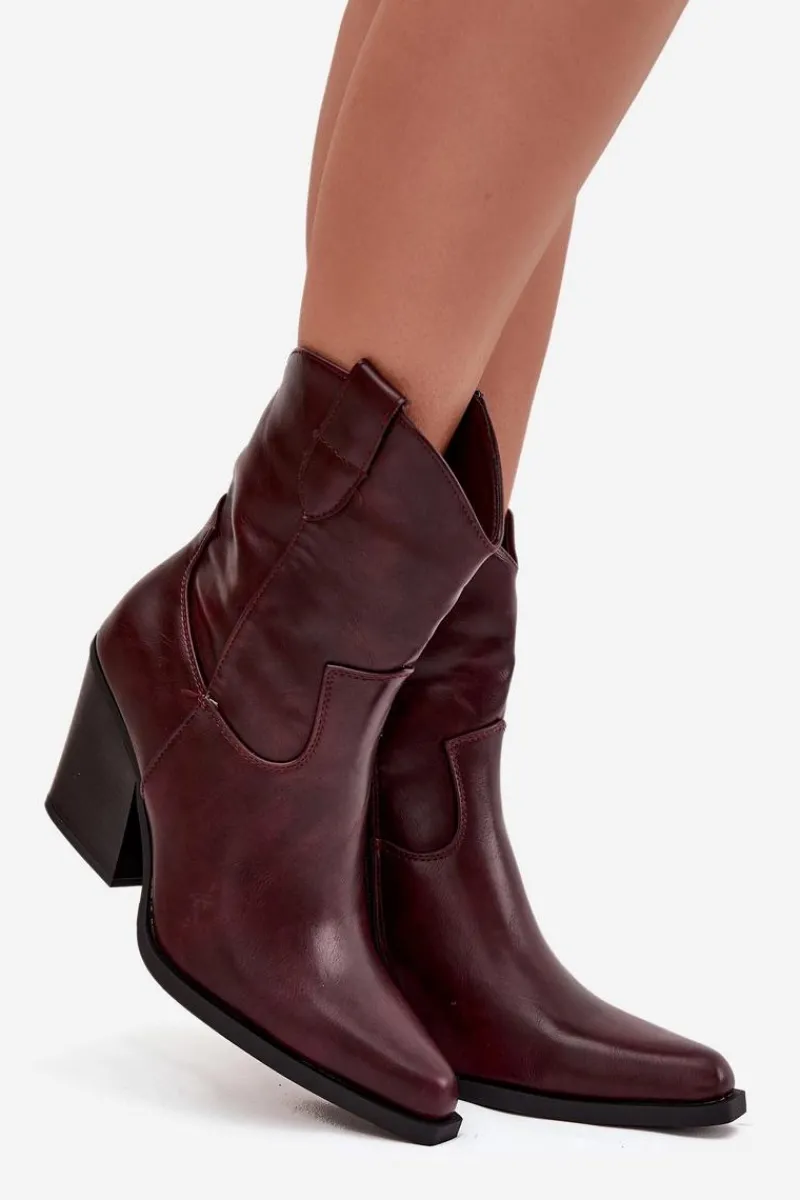 Clearance Boto Botki Kowbojki Damskie Eko Skórzane Na Słupku Bordowe Morelia Czerwony