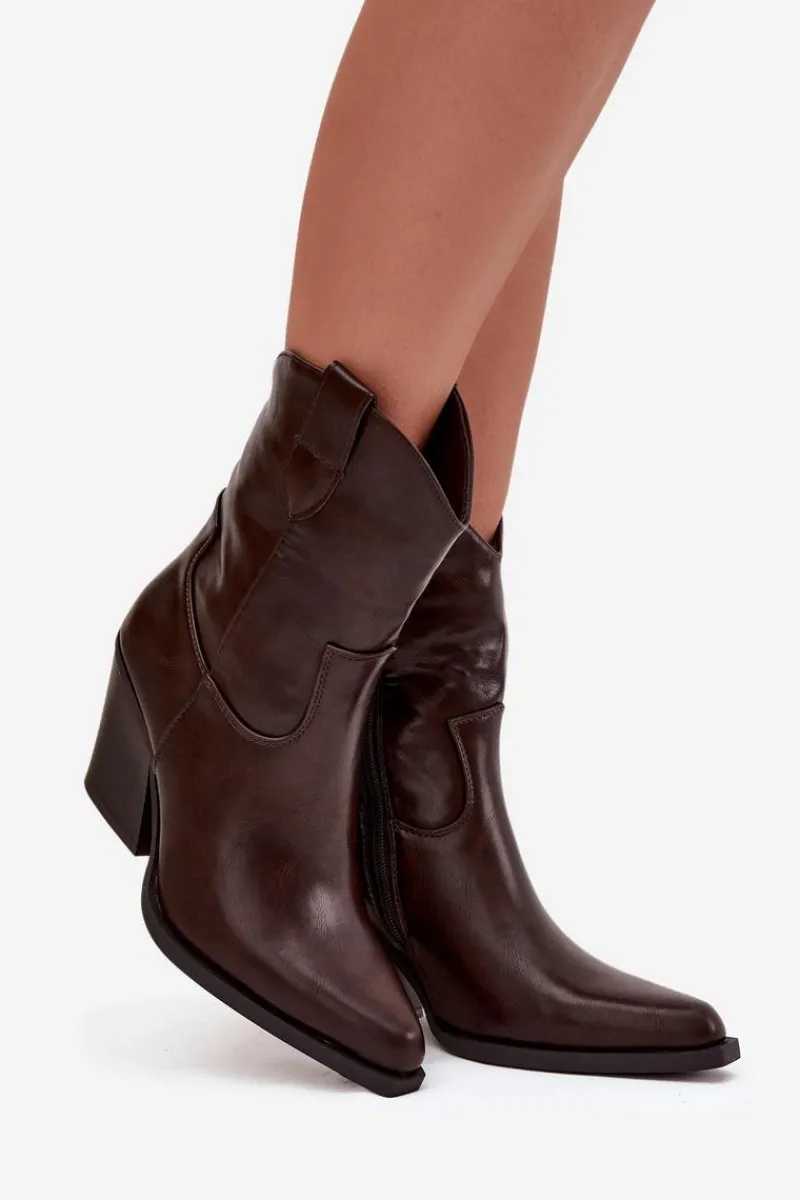 Botki Ocieplane|Botki Skórzane>Boto Botki Kowbojki Damskie Eko Skórzane Na Słupku Czekoladowe Morelia Brązowy