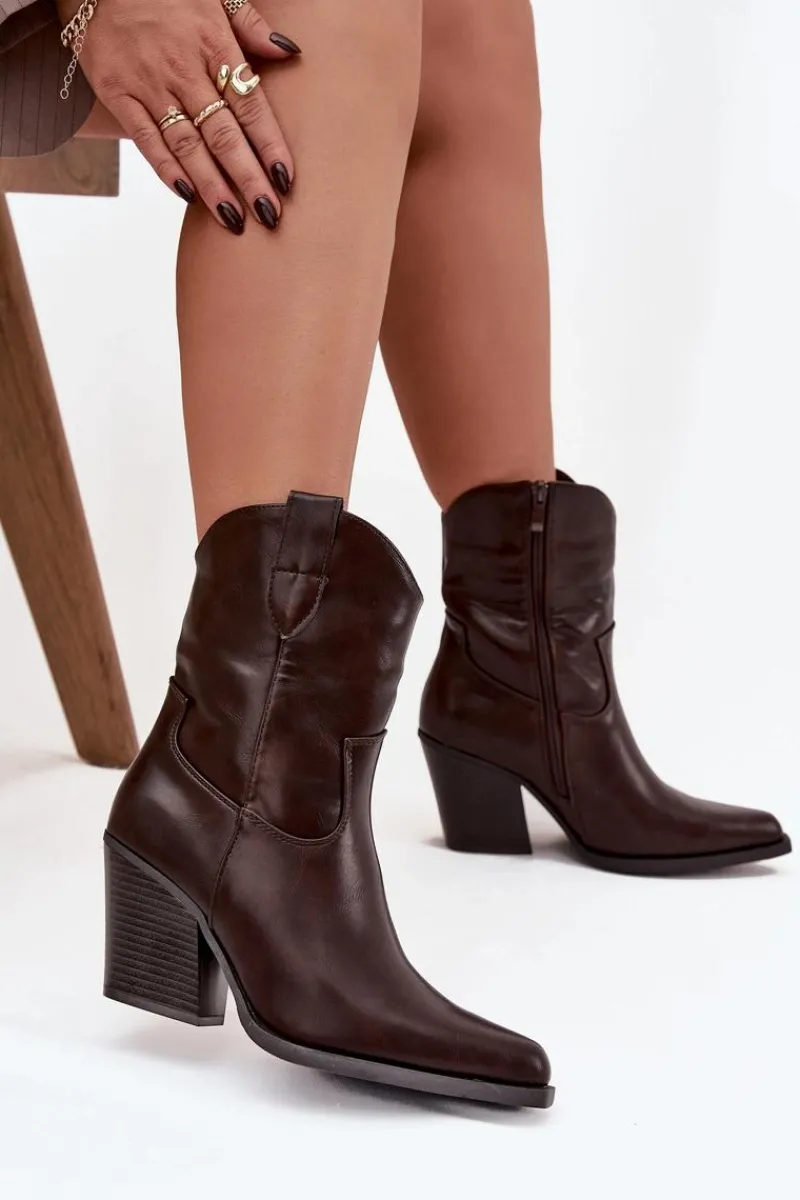 Botki Ocieplane|Botki Skórzane>Boto Botki Kowbojki Damskie Eko Skórzane Na Słupku Czekoladowe Morelia Brązowy