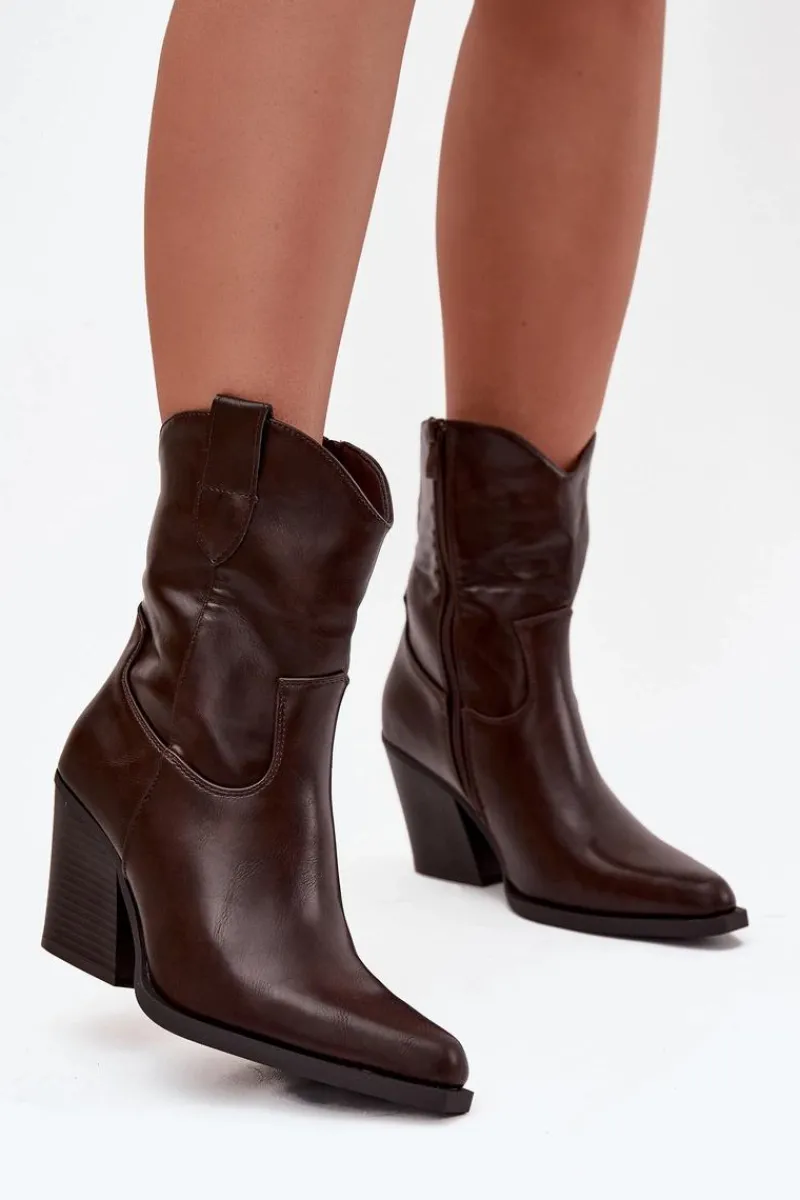 Botki Ocieplane|Botki Skórzane>Boto Botki Kowbojki Damskie Eko Skórzane Na Słupku Czekoladowe Morelia Brązowy