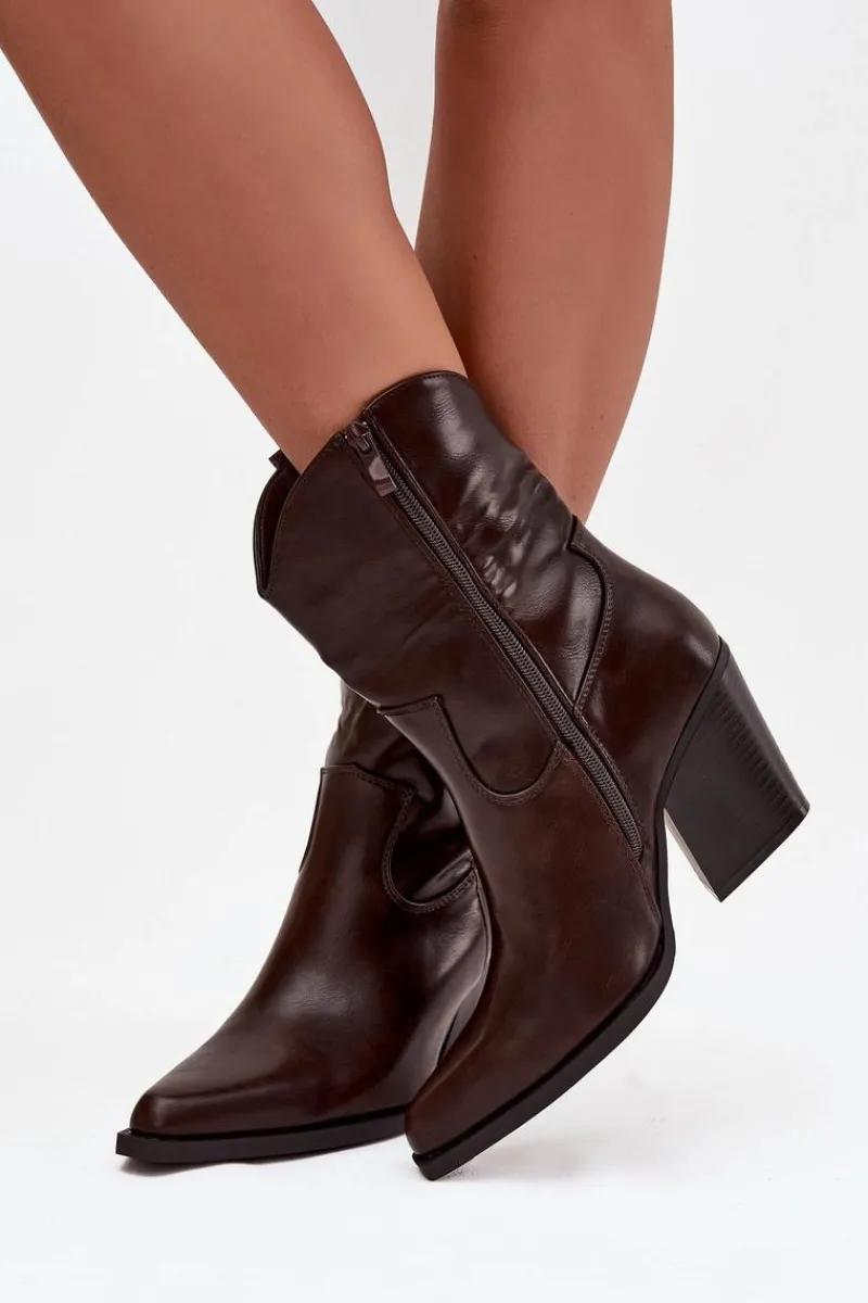 Botki Ocieplane|Botki Skórzane>Boto Botki Kowbojki Damskie Eko Skórzane Na Słupku Czekoladowe Morelia Brązowy