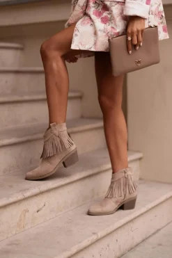 Botki Kowbojki Damskie Na Zamek Eko Zamszowe Beżowe S.Barski HY42-127 Damskie Botki Skórzane|Botki Na Słupku