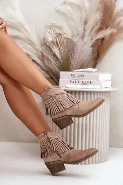 Botki Kowbojki Damskie Na Zamek Eko Zamszowe Beżowe S.Barski HY42-127 Damskie Botki Skórzane|Botki Na Słupku