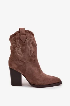 Hot Boto Botki Kowbojki Damskie Na Słupku Eko Zamszowe Ciemnobeżowe Carissa Beżowy