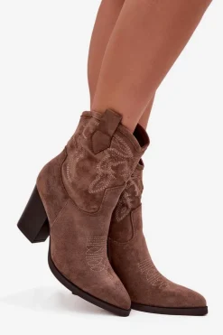 Hot Boto Botki Kowbojki Damskie Na Słupku Eko Zamszowe Ciemnobeżowe Carissa Beżowy