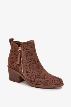 Hot Botki Kowbojki Damskie Na Obcasie S.Barski HY52-538 Brązowe Damskie Botki Na Słupku|Botki Ażurowe