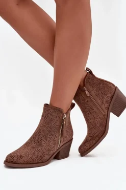 Hot Botki Kowbojki Damskie Na Obcasie S.Barski HY52-538 Brązowe Damskie Botki Na Słupku|Botki Ażurowe