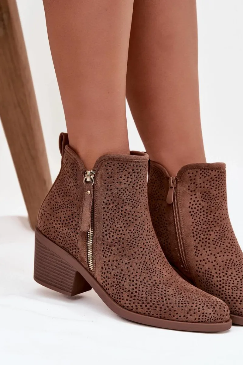 Hot Botki Kowbojki Damskie Na Obcasie S.Barski HY52-538 Brązowe Damskie Botki Na Słupku|Botki Ażurowe