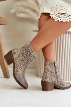 Sale Botki Kowbojki Damskie Zapinane Na Zamek Zwierzęcy Wzór Złote Merisine Damskie Botki Ażurowe|Brązowe I Beżowe Botki