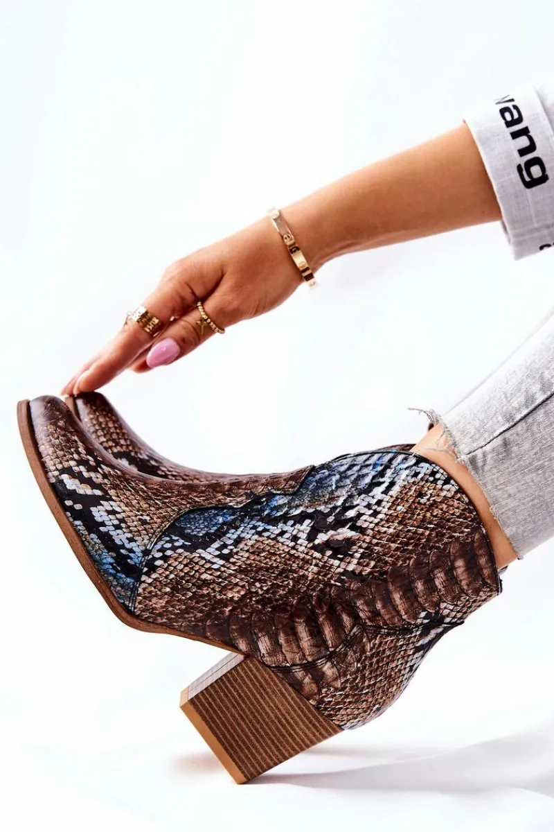 Online Botki Kowbojki Lewski Brązowo-Niebieskie Wężowy Wzór EV28 Damskie Botki Na Słupku|Brązowe I Beżowe Botki