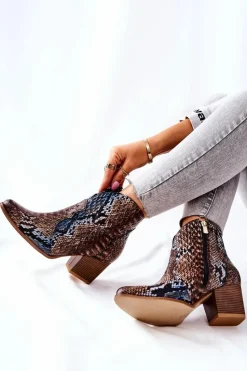 Online Botki Kowbojki Lewski Brązowo-Niebieskie Wężowy Wzór EV28 Damskie Botki Na Słupku|Brązowe I Beżowe Botki