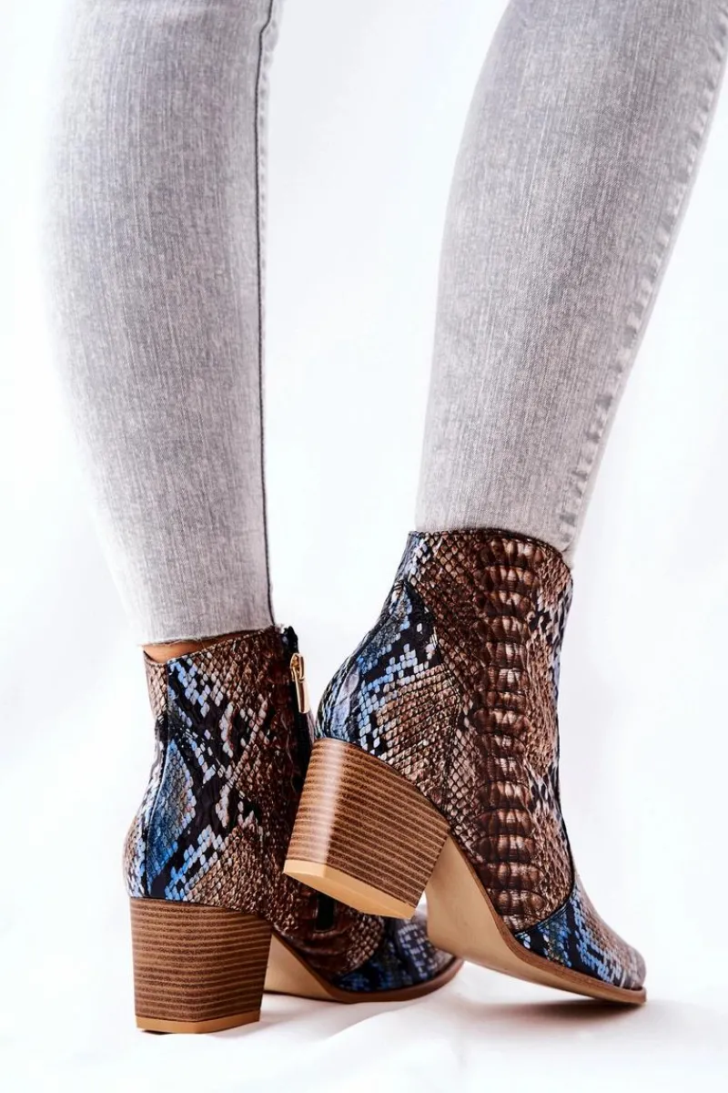 Online Botki Kowbojki Lewski Brązowo-Niebieskie Wężowy Wzór EV28 Damskie Botki Na Słupku|Brązowe I Beżowe Botki
