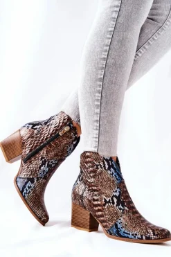 Online Botki Kowbojki Lewski Brązowo-Niebieskie Wężowy Wzór EV28 Damskie Botki Na Słupku|Brązowe I Beżowe Botki