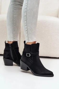 Best Botki Kowbojki Na Obcasie Z Noskami W Szpic Ocieplane Na Zamek Czarne Glamer Damskie Botki Na Słupku|Czarne Botki