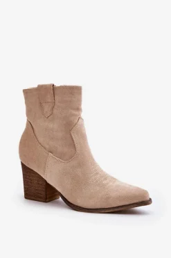Clearance Botki Kowbojki Na Słupku Eko Zamszowe Jasnobeżowe Belorinae Damskie Botki Wiosenne|Botki Na Słupku