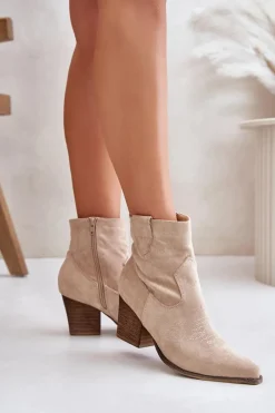 Clearance Botki Kowbojki Na Słupku Eko Zamszowe Jasnobeżowe Belorinae Damskie Botki Wiosenne|Botki Na Słupku